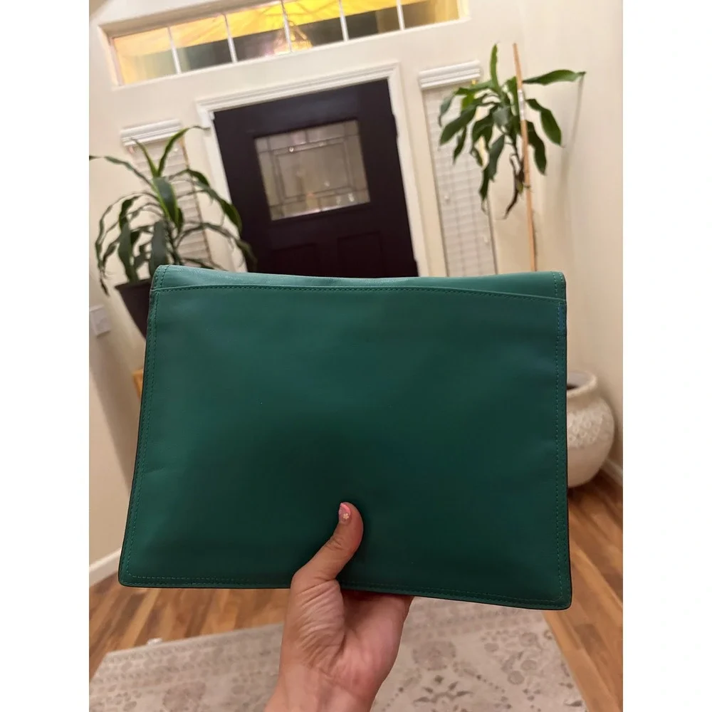 Coach Clutch Bag Womens Large Teal Green Leather Turnlock Envelope Chic Designer